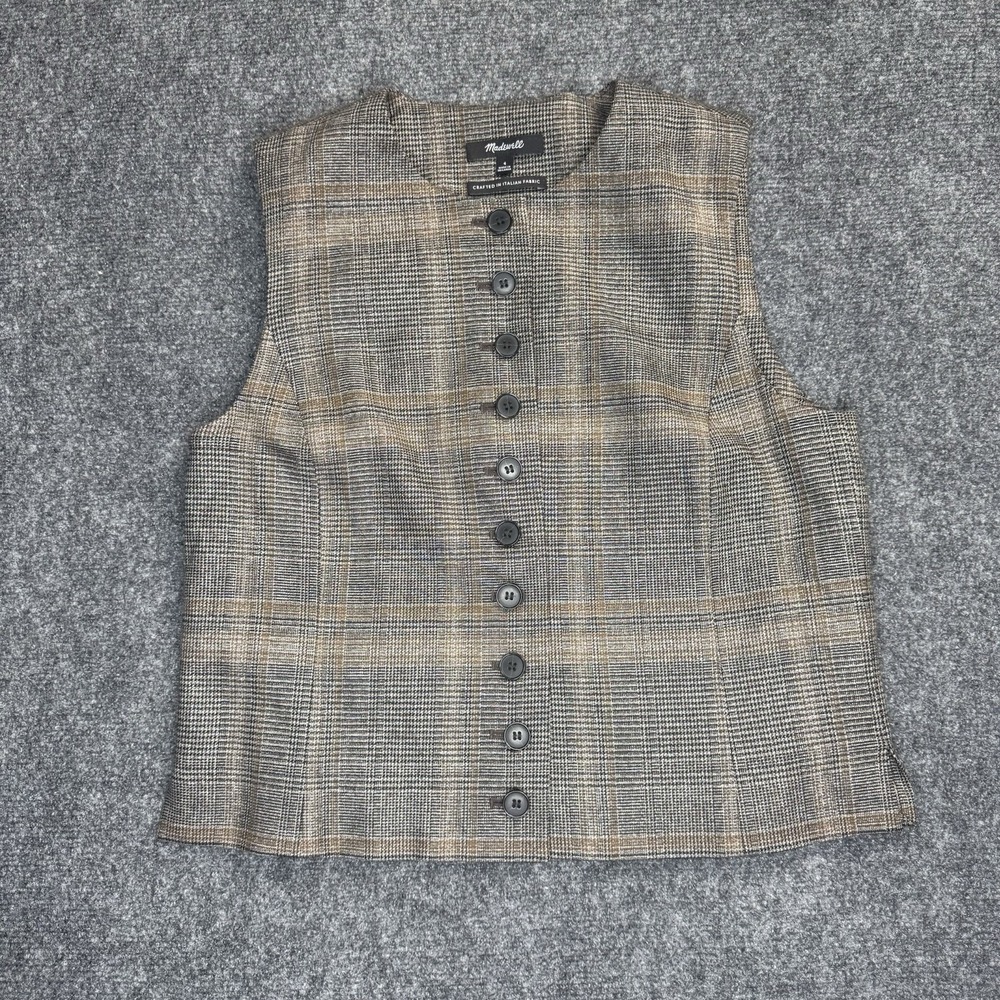 Madewell Crewneck Shell Vest Women's 4 Brown Gray Plaid Wool Blend Italian